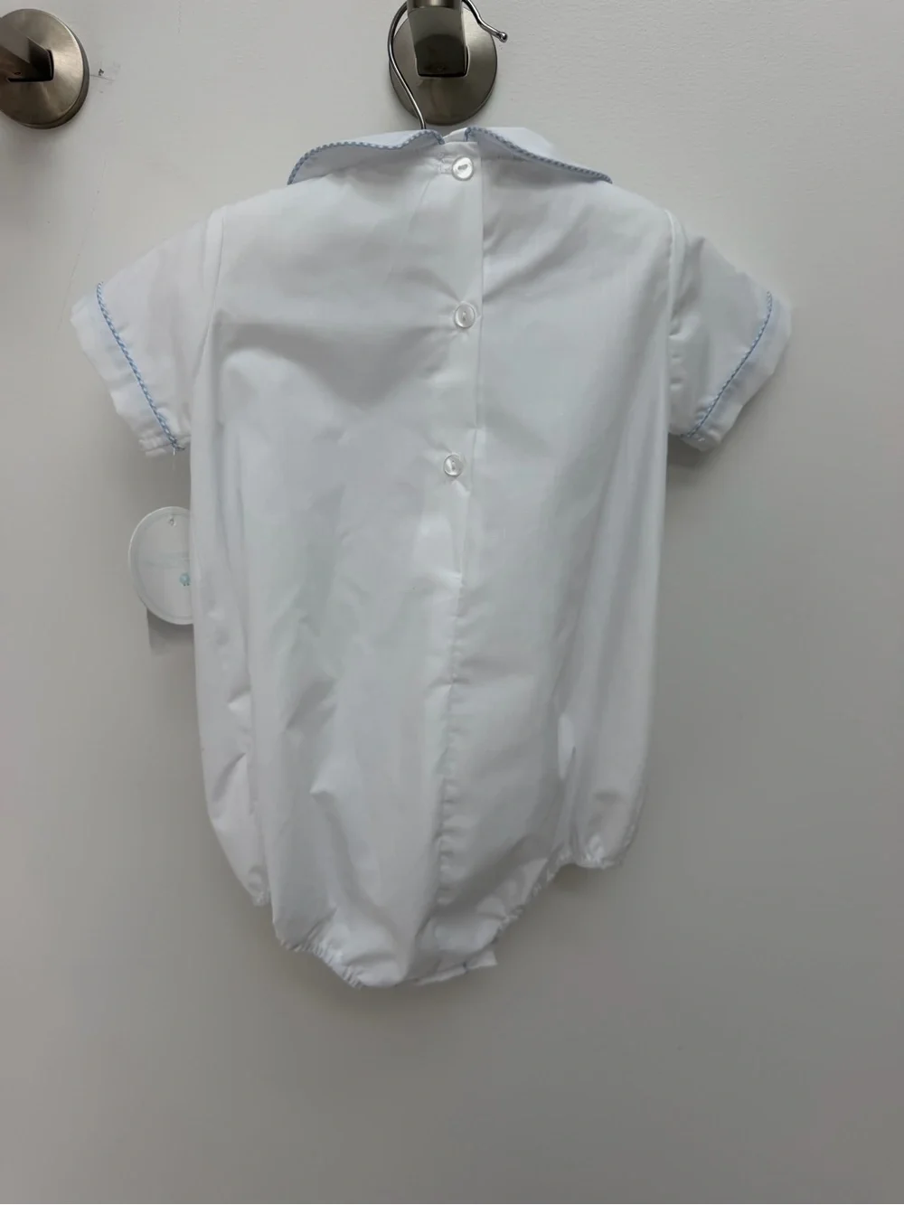 Edgehill Classic White Baby One-Piece with Blue Bunny Embroidery